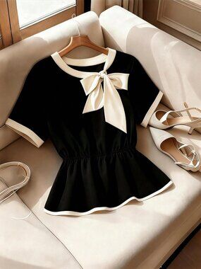 Black Casual Women's Chic Plus Size Peplum Top